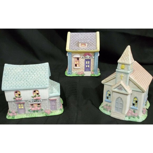 EASTER VILLAGE CHURCH FLOWER SHOP GROCERY STORE Spring pastel building house 3pc - Picture 1 of 12